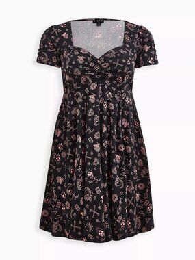 Torrid Women's Shirred Fit & Flare Tattoo Dress Black and Pink Size 1 NWOT